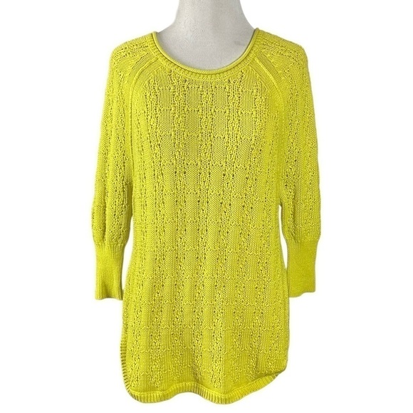 Anthropologie Sparrow Sweater XS 100% Cotton Yellow Chartreuse Open Knit Crochet - Picture 3 of 13